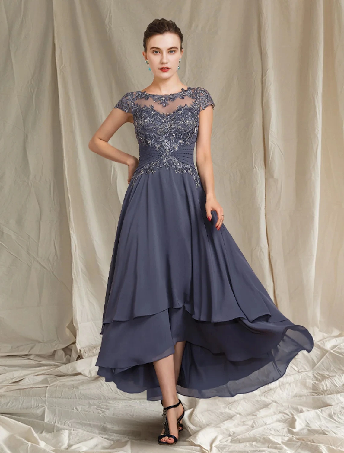 

Elegant Gray High Low Mother Of The Bride Dresses Jewel Sheer Neck Chiffon Lace Wedding Ladies Party Gown Robe De Soiree