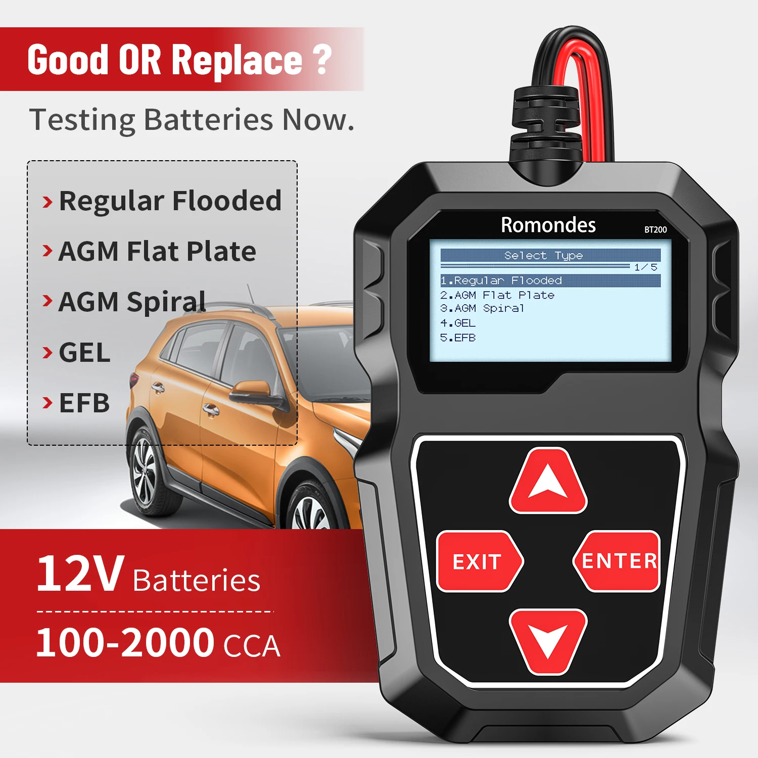 Romondes BT200 Battery Testers 12V Battery Tester 100-200CCA with Battery Cranking Charging Tests for Cars Professionals and DIY