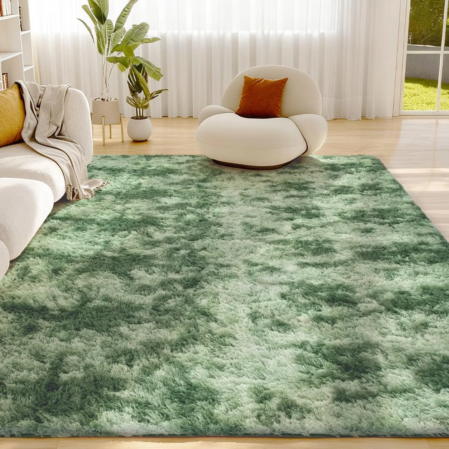 

Пушистый ковер из искусственного меха 5x8 для гостиной и спальни, с высоким ворсом, в стиле тай-дай, цвет лесной зеленый, мягкий плюшевый ковер