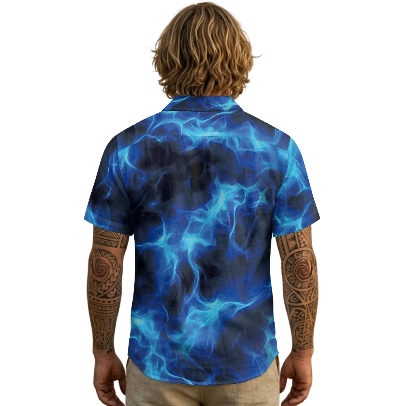PENSTROLL Blue Flame Linen Like Men's Hawaiian Beach Shirt Breathable Hawaiian Shirt for Summer S-3XL