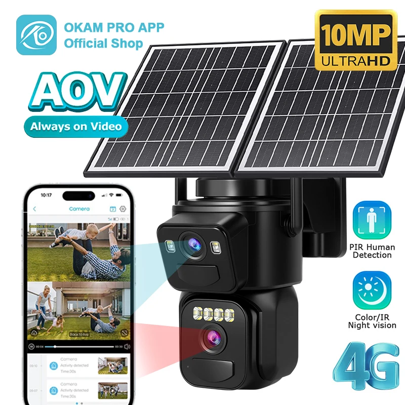 

Солнечная камера OKAM PRO с двумя панелями, 4G, HD 10 МП, двойной объектив, AOV-камера, уличная, водонепроницаемая, аккумулятор 8000 мАч, PIR-датчик движения