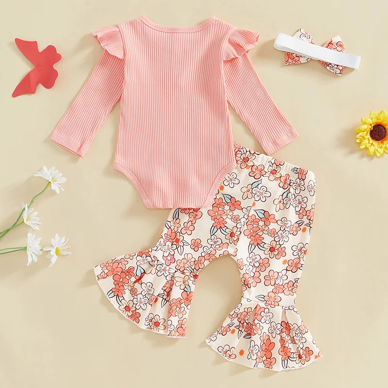 Infant Girls 3-Piece Outfit Set with Long Sleeve Ribbed Romper Floral Flared Pants and Matching Headband - O Neck Style