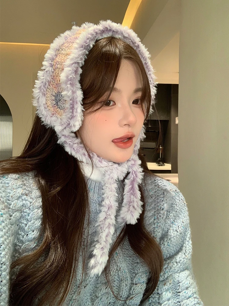 Retro Japanese Style Knitted Furry Ear Muffs Women's Winter Versatile Warm Cold Protection Cycling Ear Pads Fashion Accessories