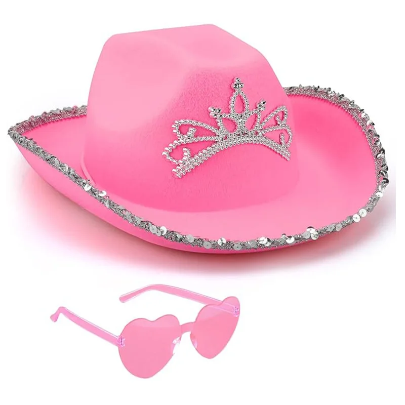 New Creative Girls Cute Pink Cowboy Hat With Peach Heart Glasses Two Piece Set Funny Hat Set Holiday Party Dress Up Props Gifts