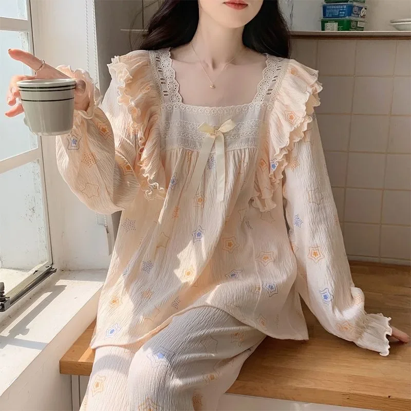 Full Star Pajamas Set Ladies Spring Pyjamas Sweet Long Sleeve Lace Nightgown Square Collar Printed Sleepwear Bow Lacework Nighty