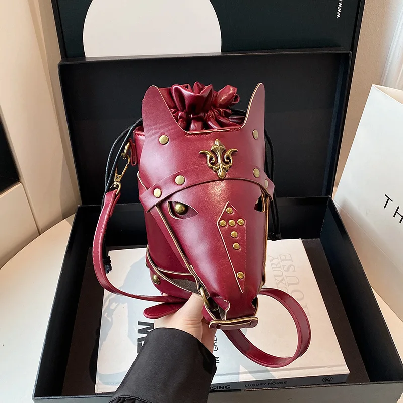 Divertente borsa a tracolla stile vintage creativo testa di cavallo maschera borsa a secchiello borsa a tracolla singola di nicchia unica per le donne