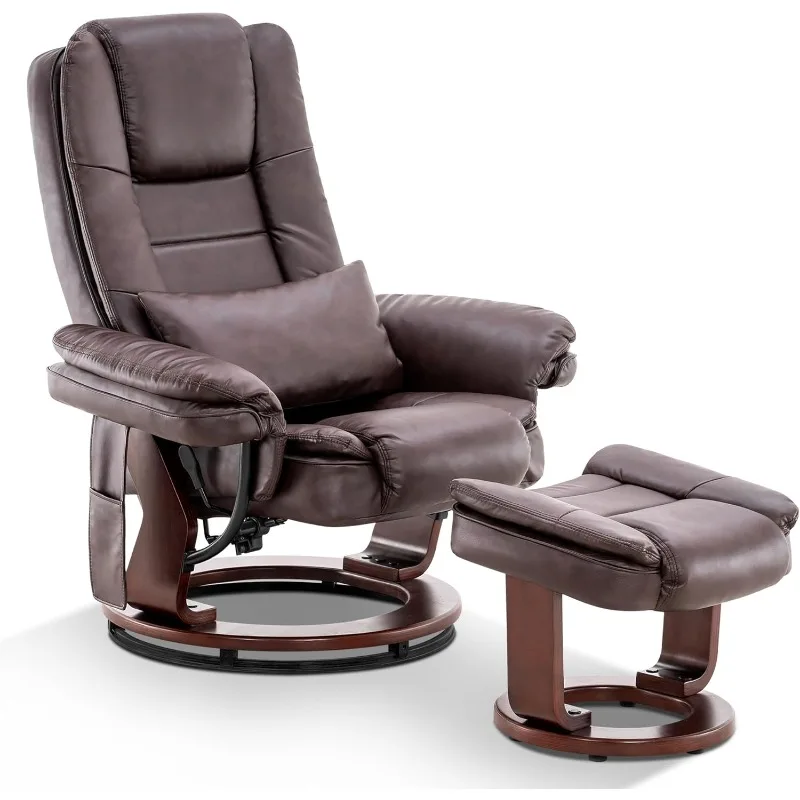 Recliner Chair with Ottoman, 360° Swivel Wooden Base, Vibration Massage Chair for Living Room, Faux Leather Accent Chair