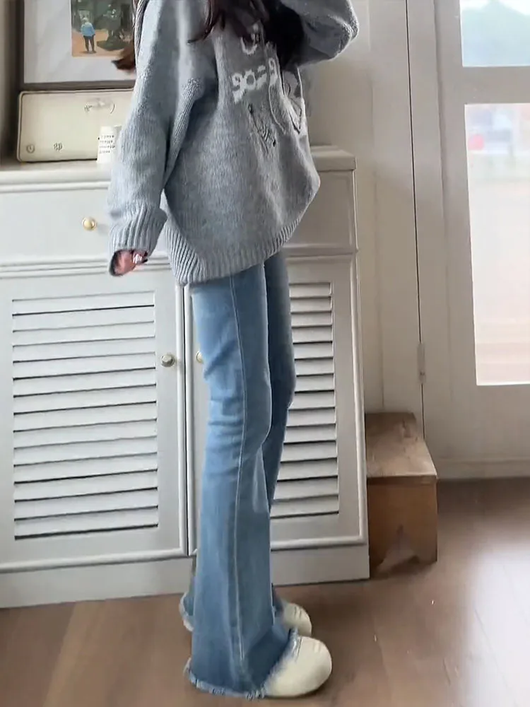 Azul desgastado bainha sino bot jeans feminino primavera outono novo tamanho grande gordura mm cintura alta emagrecimento quadril cobrindo elástico sino l...