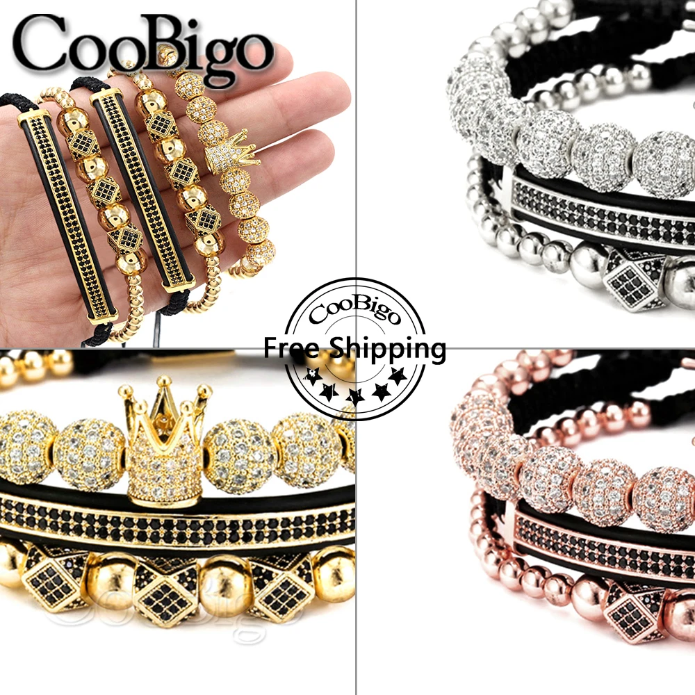 

Gold Hip Hop Bracelet Jewelry CZ Crown Charms Macrame Cubic Beads Braided Rope Bracelets Sets for Men Women 3pcs/Set