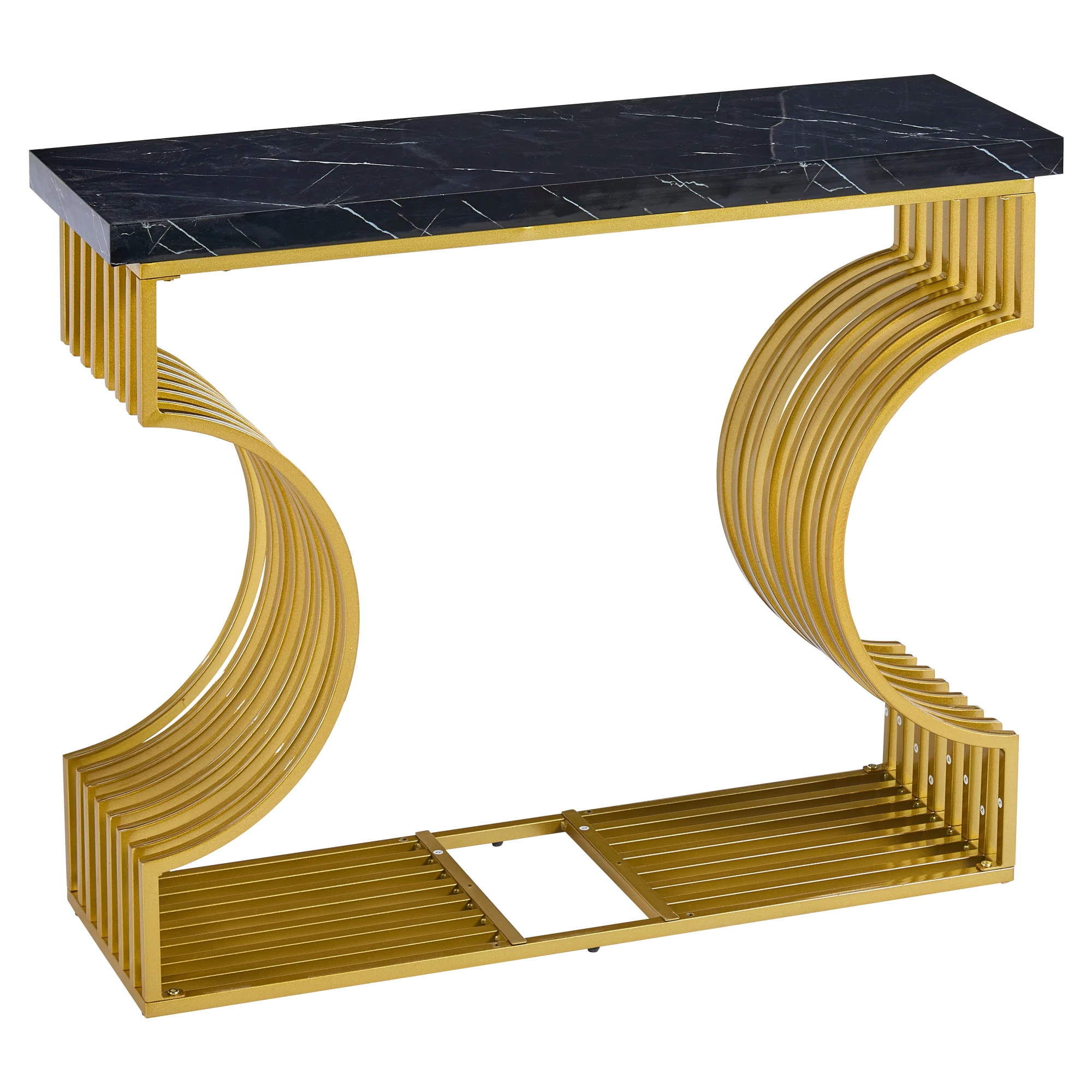 Prosty czarny stolik kawowy z wysokim połyskiem, możliwość montażu na dwa sposoby, 100x35x80cm, mały stolik pomocniczy do salonu, stolik konsola, złota podstawa