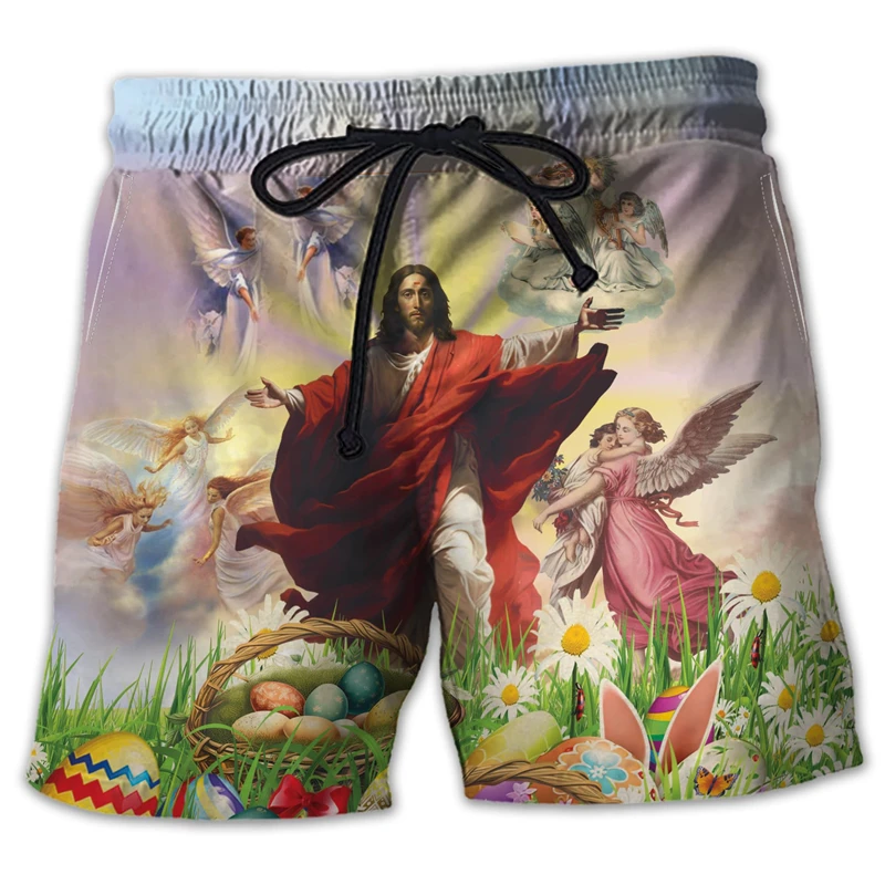 Cristiano Jesús feliz día de Pascua gráfico pantalones cortos de playa, regalo de Festival informal, playa, conejo, huevo, bañadores de animales,