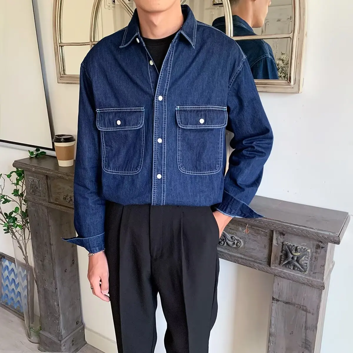 

Classic American Casual Cotton Denim Shirt Long Sleeve Loose Fit Youthful Vintage Outerwear for Men Trendy Autumn Wear