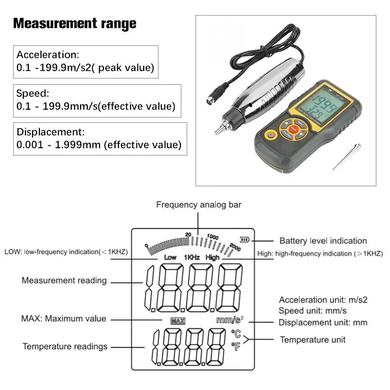 HTI HT-1201 Portable LCD Vibration Analyzer Tester Meter Vibrometer Gauge 0.1-199.9m/s Digital Split Type Vibrometer