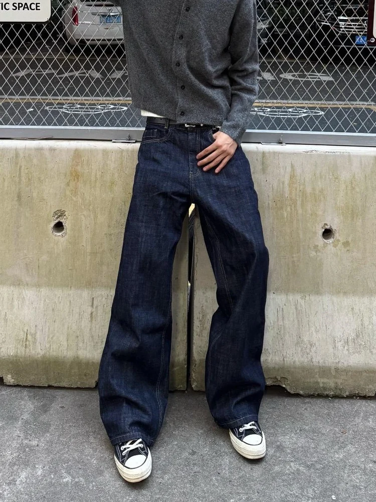 

Retro American Style Men's Casual Straight Leg Loose Fit Blue Jeans Deep Black Vintage Original Denim Pants Youth Popular