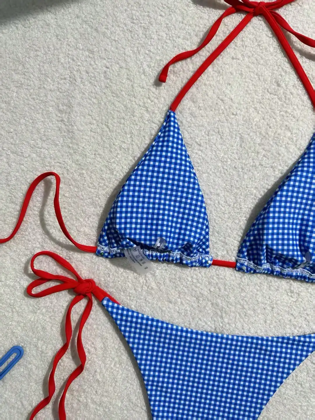 

Blue And White Gingham Plaid Bikini Set Women Halter Triangle Top Low Waist Bottom