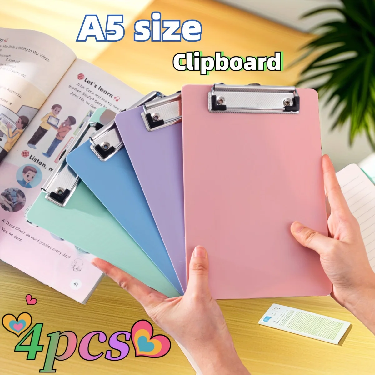 

Plastic Clipboards in Different Colors, Featuring Slim Metal Clips, Can Be Hung, A5 Size Low-Profile Clipboards, Set of 4