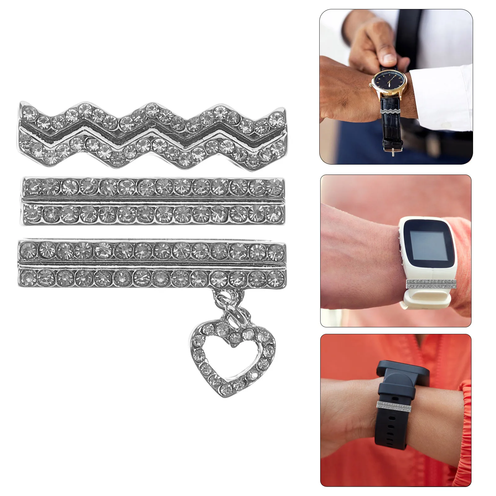 

3Pcs Silicone Watch Band Rings Rhinestone Heart Pendant Charm Lightweight Watch Strap Decoration Accessories Watchband Charm
