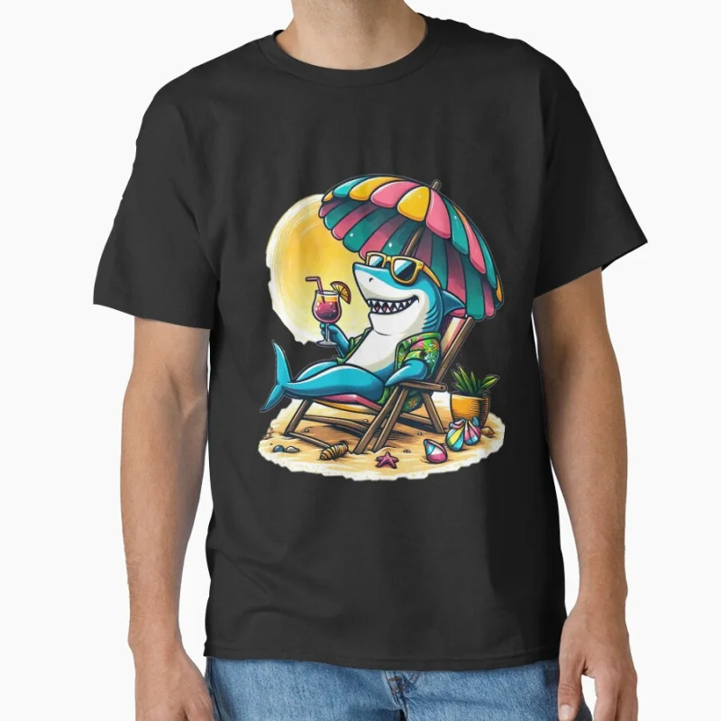 

Laid-Back Shark Vacation Humorous Graphic with Stylish Sunglasses Funny Time to Relax Summer gift T shirt Large size Tops S-6XL