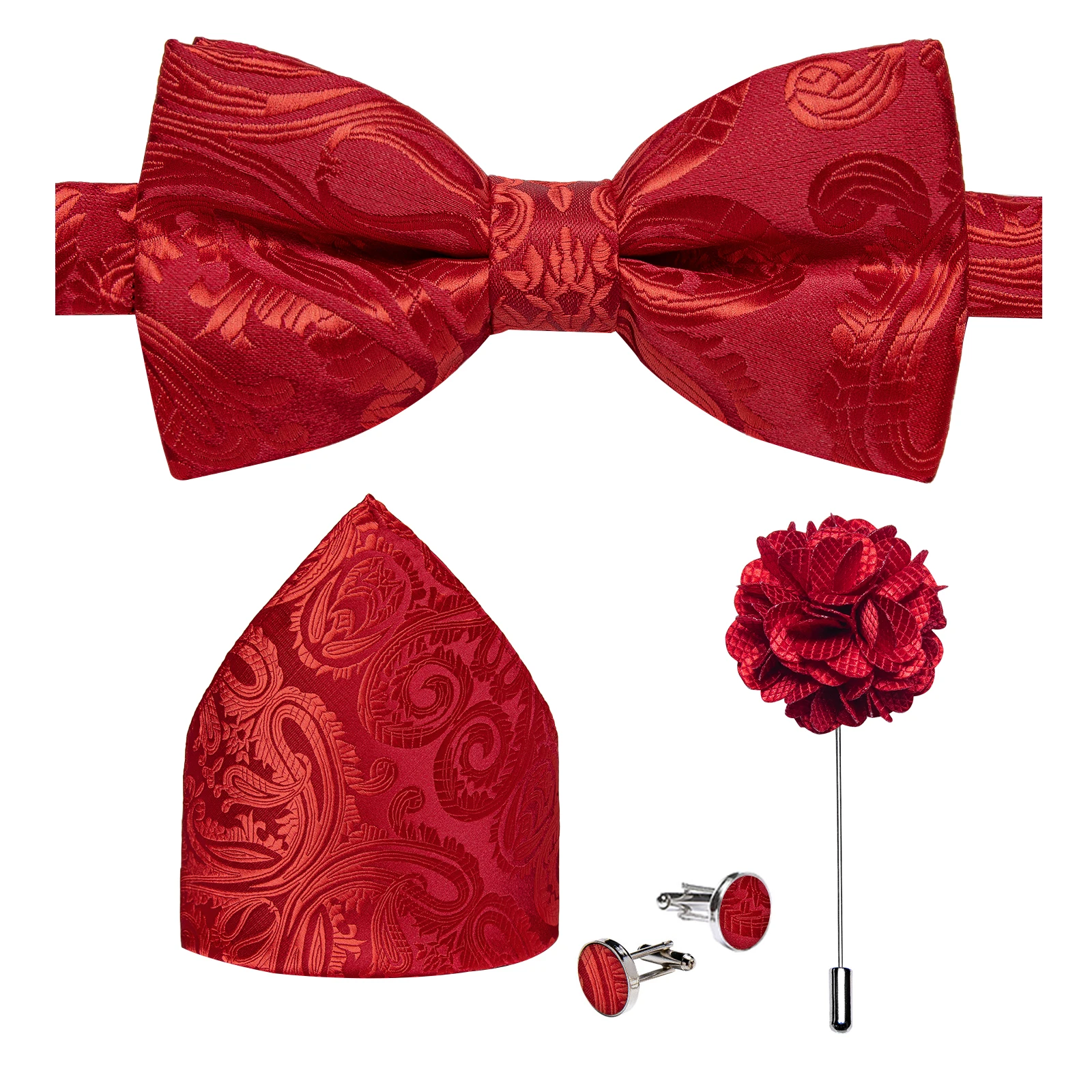 Hochzeitsfliege für Herren, klassisch rot, vorgebundene Fliege, Manschettenknöpfe, Ansteckblume, Set für Partys, Schmetterlingsknoten, Geschenk, Herren-Accessoires – Detail 39