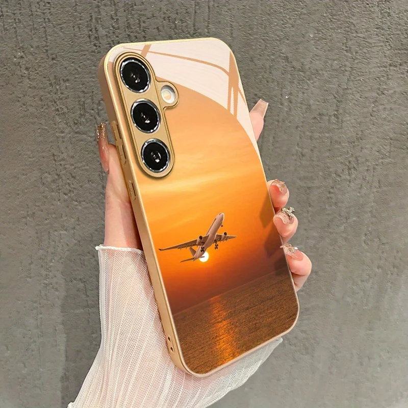 Sky airplane pattern glass phone case for Samsung Galaxy S26 S25 S24 S23 S21 S20 fe/plus/Ultra anti fall back cover