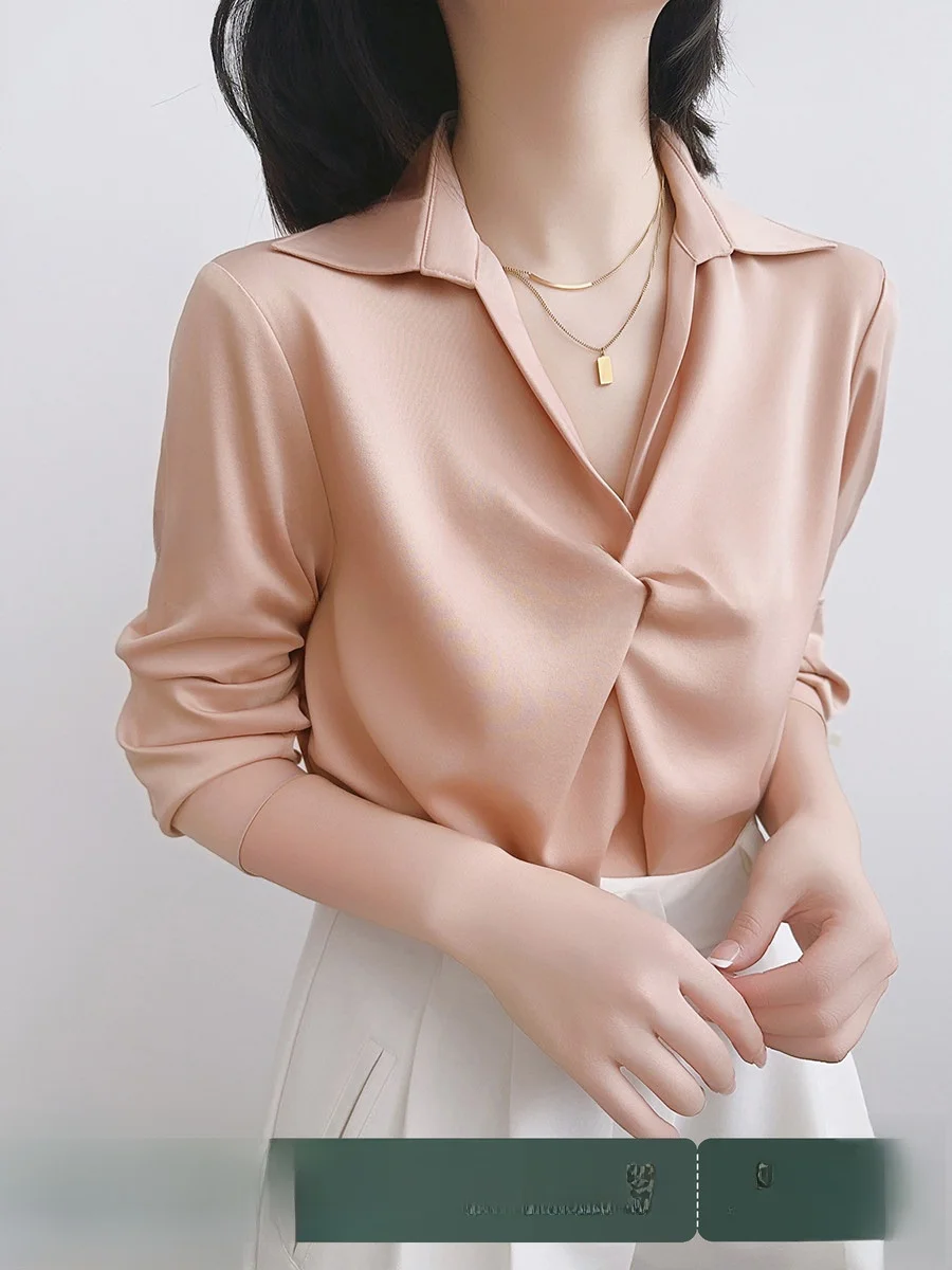 

Розовая шелковая атласная блузка Ele для женщин, с V-образным вырезом, профессиональный офисный стиль, прямой крой, длинный рукав, круглый вырез горловины.