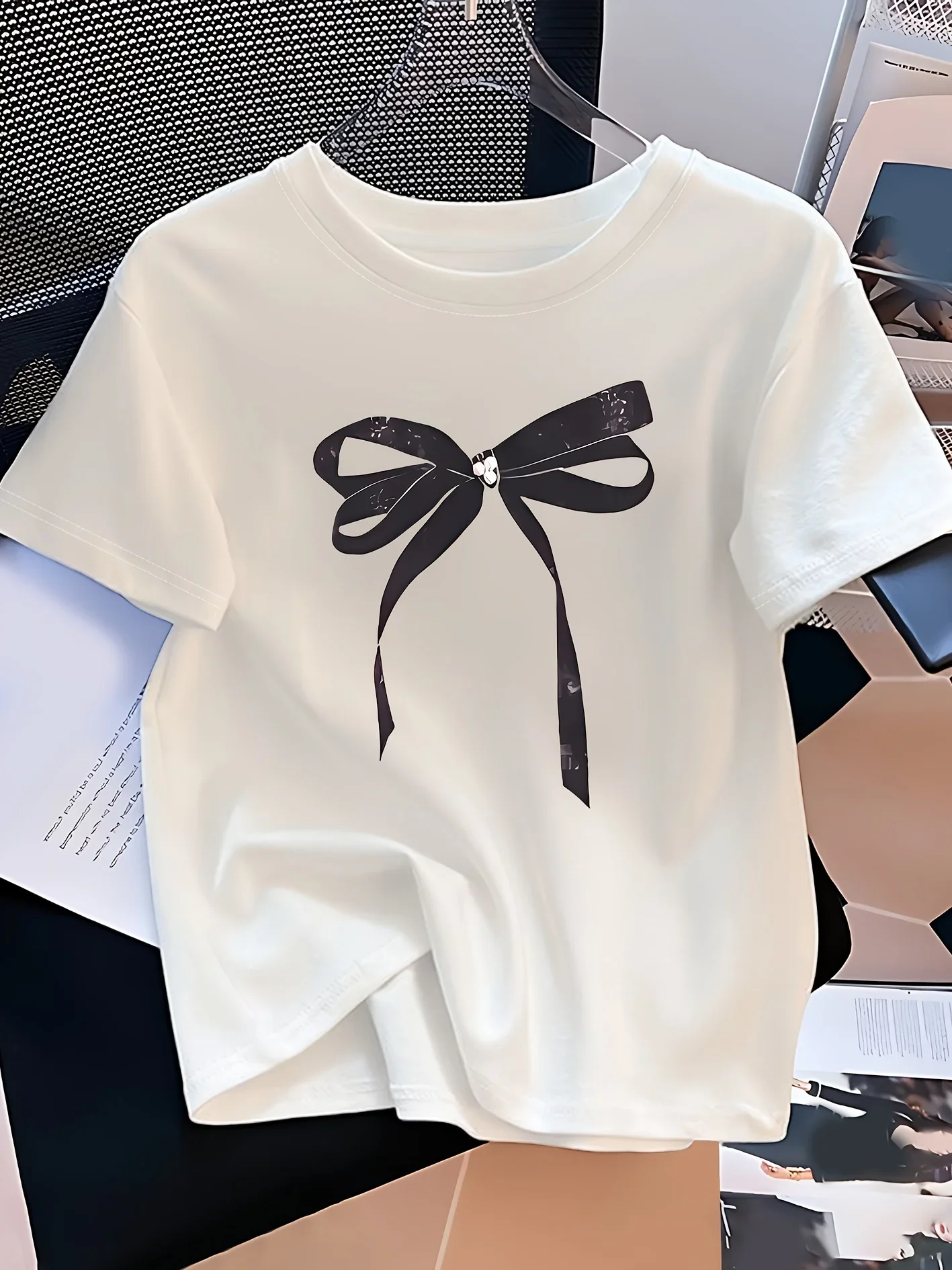 Women's Kids Casual Short Sleeve T-Shirt with Black Bow Graphic Print Relaxed Fit Round Neck Soft Summer Ladies Tshirts Clothing