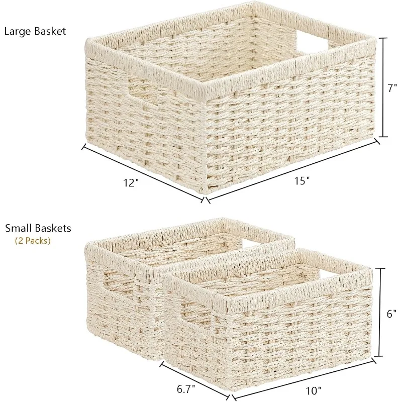 Set of 3 Wicker Basket, Hand-Woven Paper Rope Storage Baskets for Organizing, Large Cube Storage