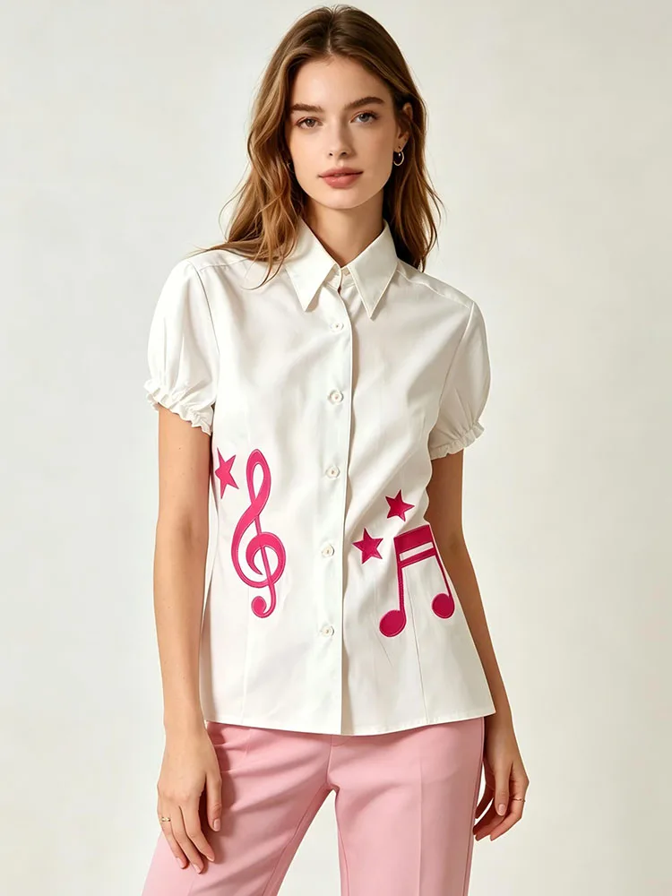 Y2K Retro Sweet Cool Style Solid Color Short Sleeve Collar T-shirt Bubble Ruffle Sleeve Music Note Print Slim Fit Daily