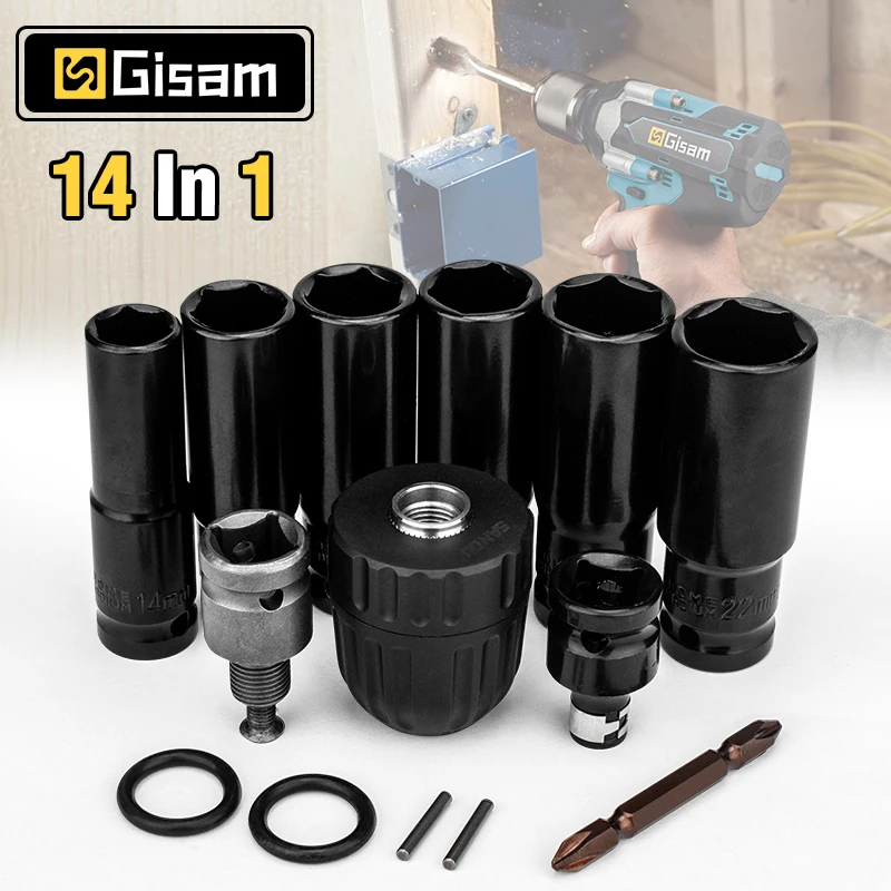 Gisam 14Pcs Electric Impact Wrench Hexs Socket Adapter Kit Drill Chuck Drive Adapter Set for Electric Drill Wrench Screwdrivers