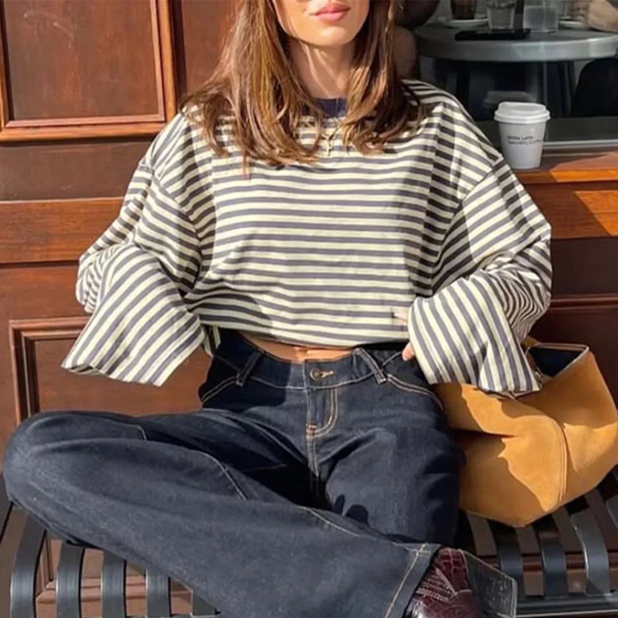 Y2k Womens Striped Cropped Shirt Drop Shoulder Long Sleeve Crewneck Sweatshirt Fairy Grunge Sweater Tops Streetwear