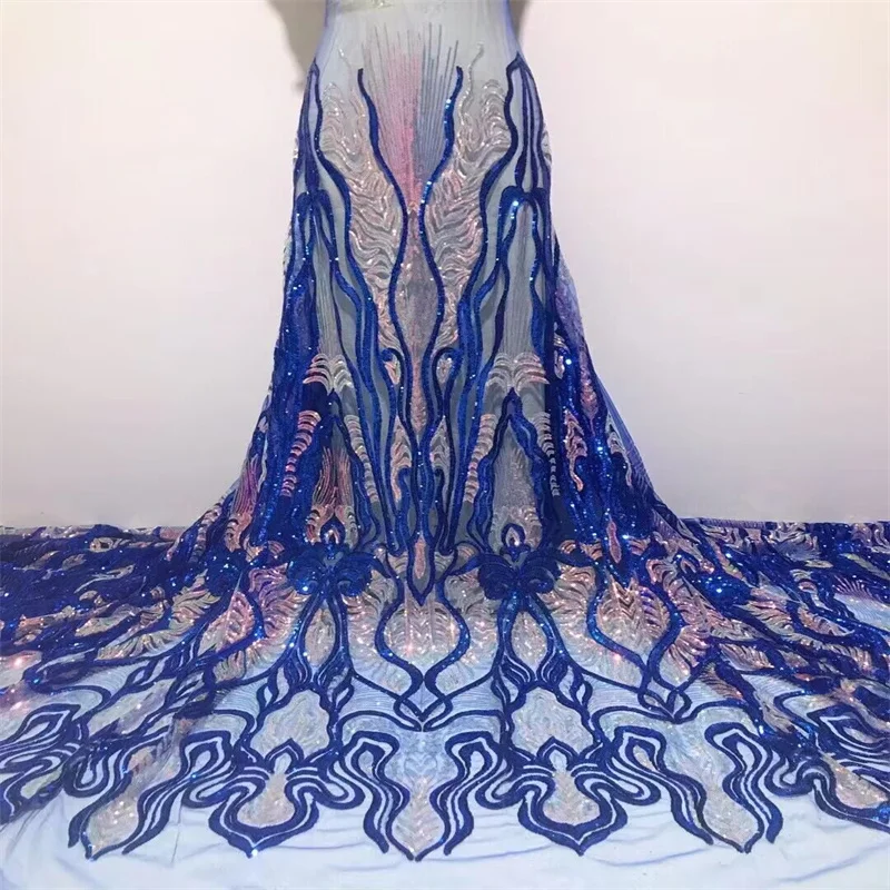 

African Sequined Lace Fabric for Wedding, Gold and Blue, High Quality, Lace Embroidery, Nigerian and French Tulle, Latest