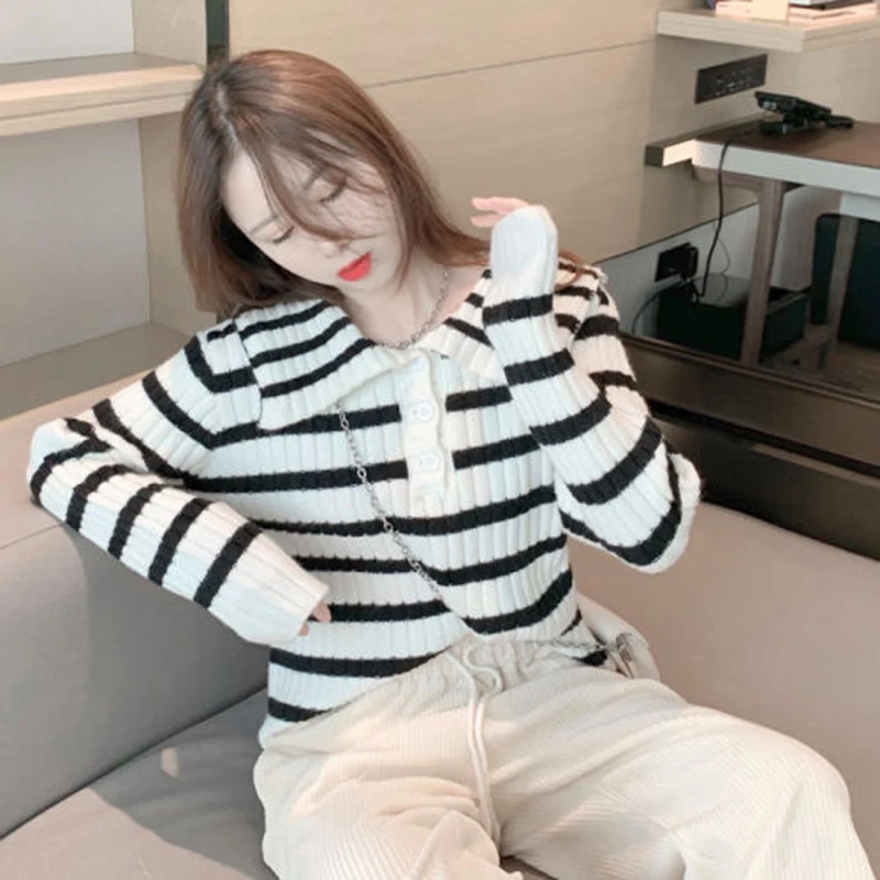 Rimocy Korean Sailor Collar Striped Sweater Women 2024 Button Long Sleeve Knitting Pullover for Woman Autumn Simple Jumper Mujer