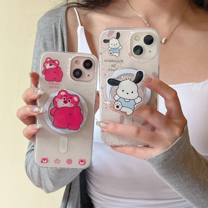 Cute Cartoon Sanrio Pochacco Lotso Magnetic Holder Magsafe Wireless Charge Phone Case For iPhone 15 Pro 14 13 Pro Max Hard Cover