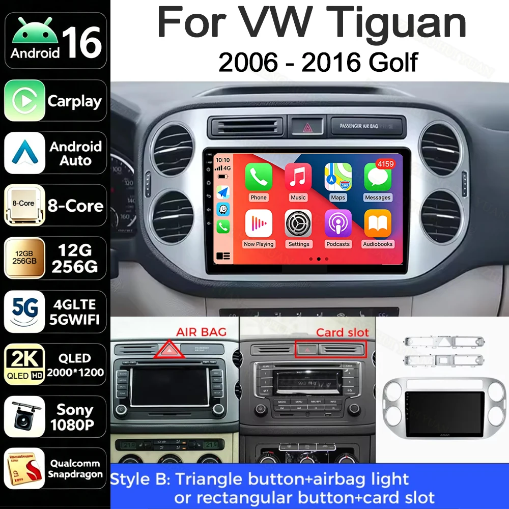 Android 16 Qualcomm Car Radio For Volkswagen VW Tiguan Back 2006 - 2016 Golf Plus Wireless Carplay Auto Stereo Multimedia Player