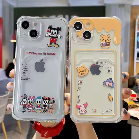 Cute Disney Winnie Pooh Card Bag Phone Case for Samsung Galaxy S25 Edge 5G S24 Ultra S22 S23 Plus FE A56 A55 A54 A53 A26 A24 A36