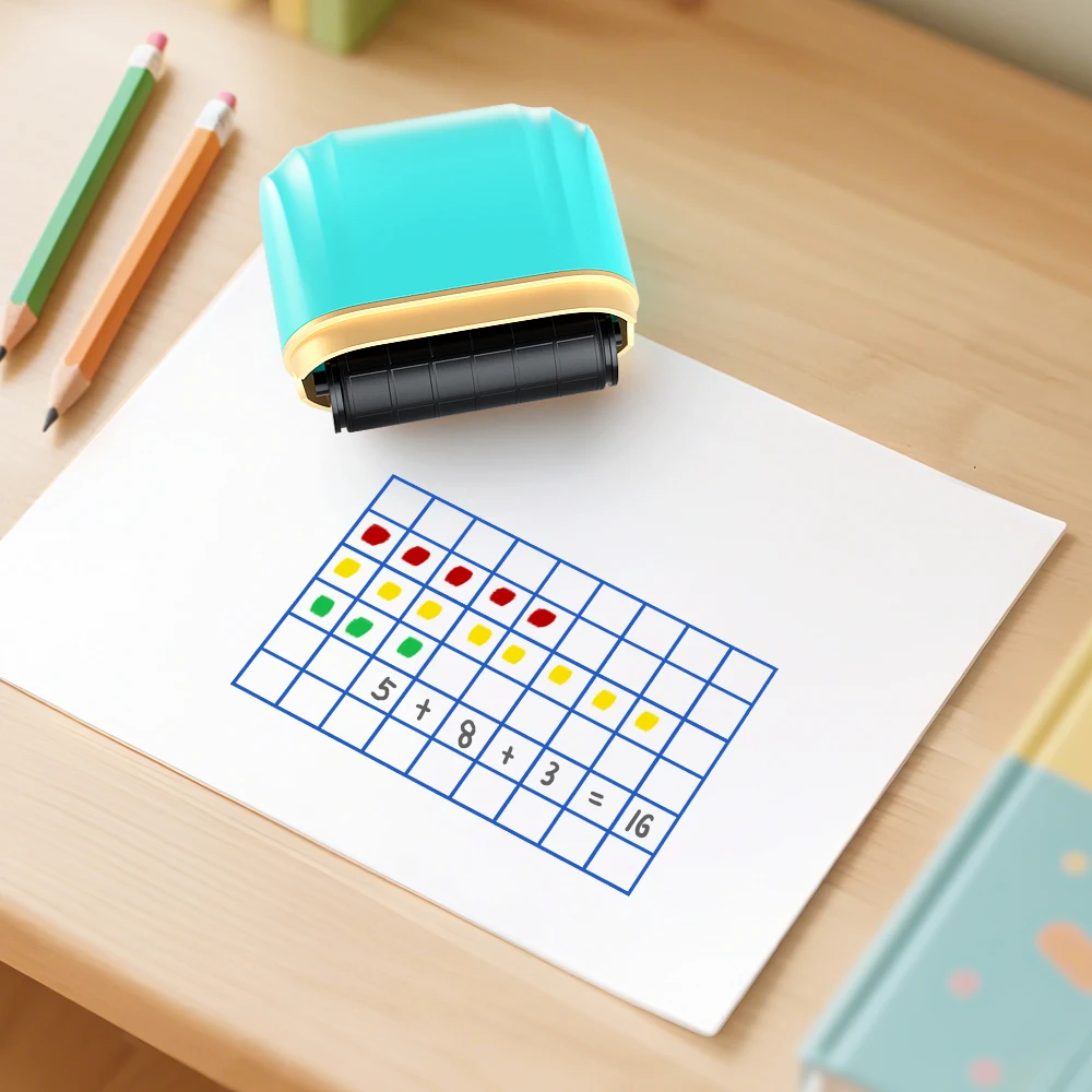 Sello de rejilla de rodillo, escritura a mano, práctica cuadrada, sello para profesores, herramienta de práctica de matemáticas, sello azul, sello de enseñanza para el aula