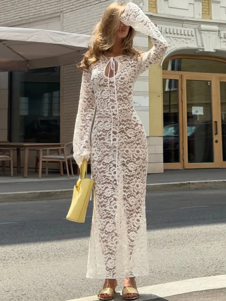 

Trendix Lace Hollow Out Dress Women Summer Lace Up Long Sleeve Vintage See Through Maxi Dresses Slim High Waist Cover Up Dress