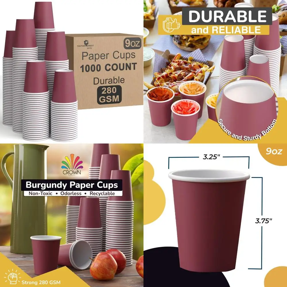 

Прочные бумажные стаканчики бордового цвета на 9 унций — 1000 одноразовых стаканов для горячих и холодных напитков, толщина 280 GSM, качество