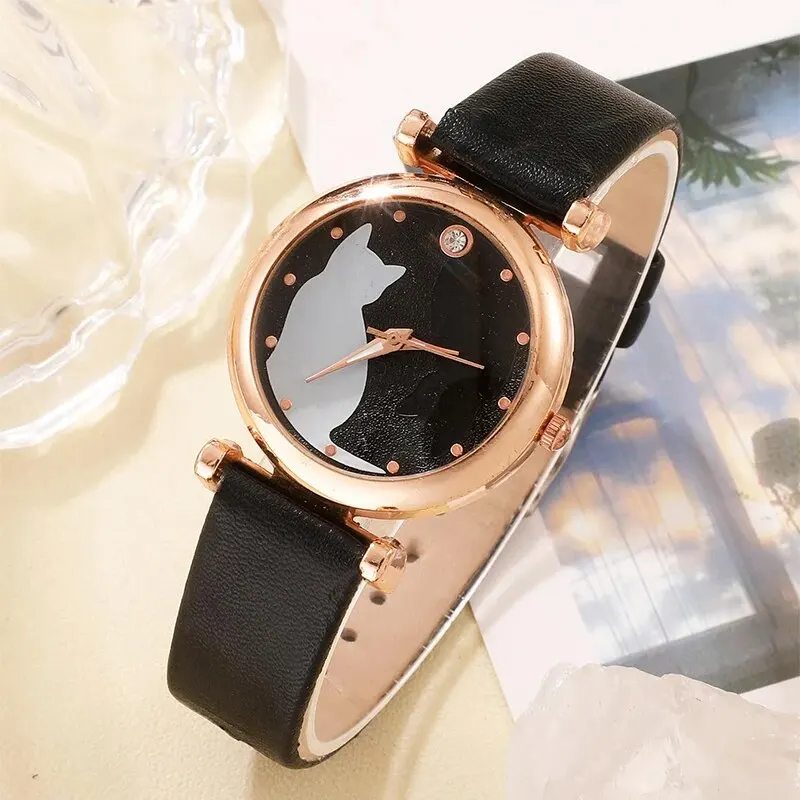 Fashion Watches Women Cute Cat Ladies Simple Quartz Wrist Watches Lady Leather Strap Casual Watch Female Clock Montre Femme