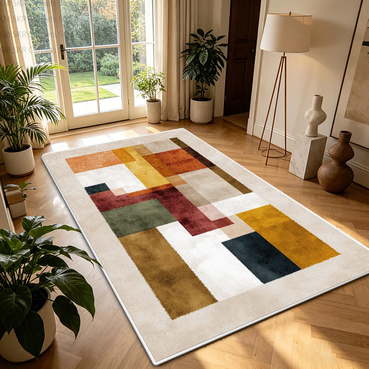 Ins Nordic Geometric Large Living Room Carpet Decoration Bedroom Washable Non-slip Color Blocking Rug Short Velvet Study Mat