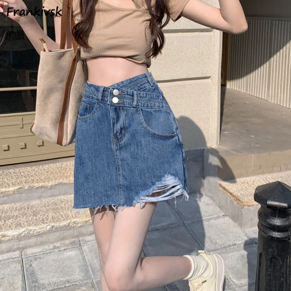 Skirts for Women Irregular A-line Package Hip Denim Ripped Tassel Washed Spicy Girls Fit American Style Creativity Schoolgirls