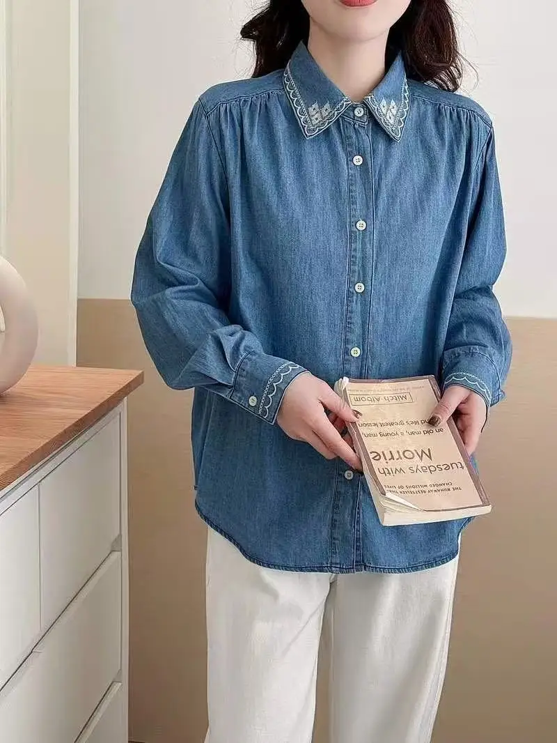 2027 Women's stylish blouses designer denim shirts bohemian women Harajuku fashion embroidered jean blouses view 2