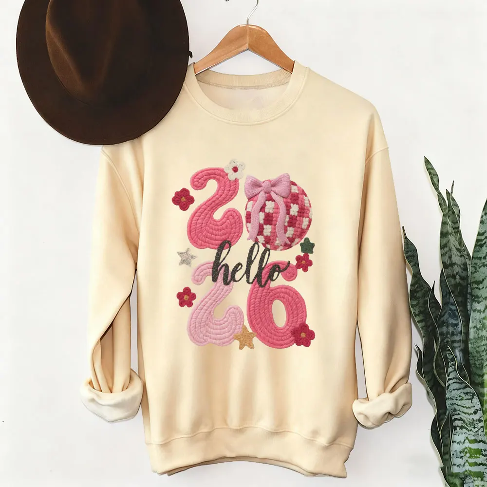 Appy Capodanno 2026 Felpe da donna maglione finto rosa all'uncinetto stampa grafica pullover da vacanza non ricamo felpe con cappuccio da donna