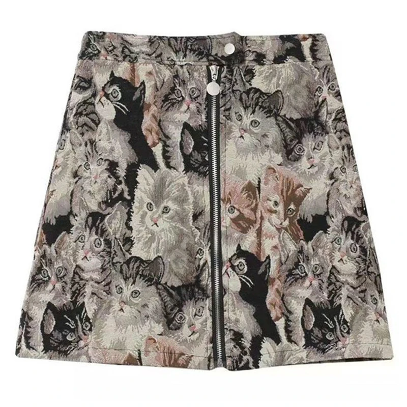 Harajuku Women Cat Pattern Mini Skirts 2024 Korean High Waist A-Line Skirts Falda Mujer Vintage Cartoon Streetwear Female Skirt