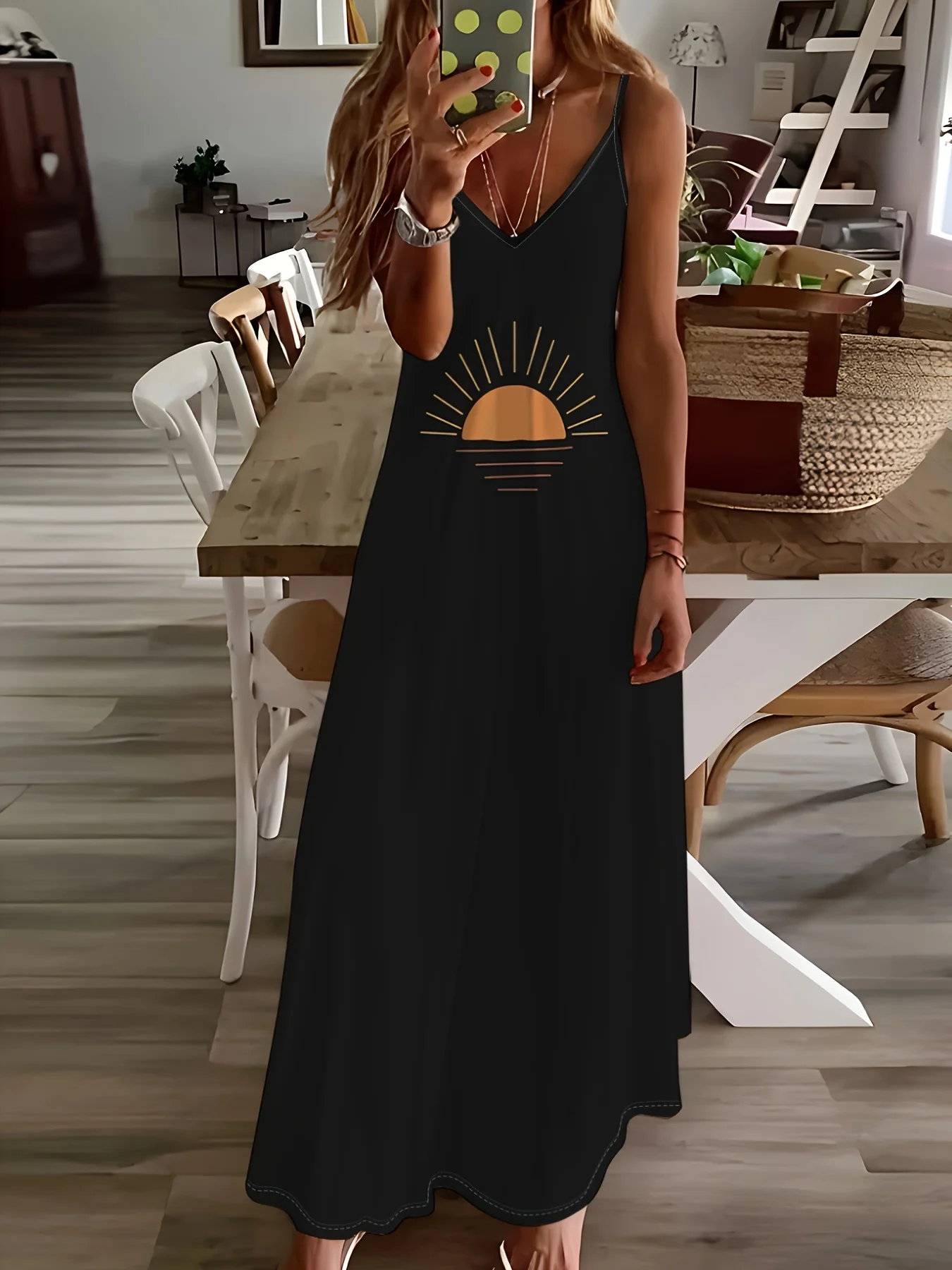 Vestido de Verano Negro para Mujer, Vestido Casual de Vacaciones con Estampado de Amanecer, Vestido Midi sin Mangas, Atuendo para Fiesta en la Playa