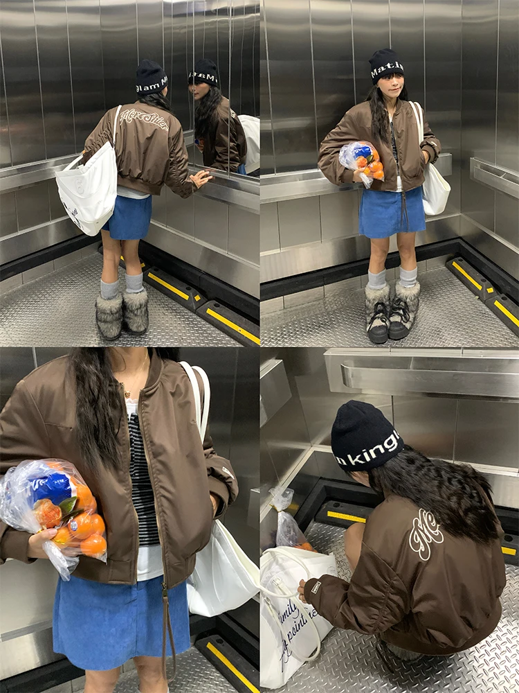 

Korean Sle Thiened eepskin Lined Baseball Jaet Cotton Coat Warmth Inner Fce Winter ort Outerwear for Women