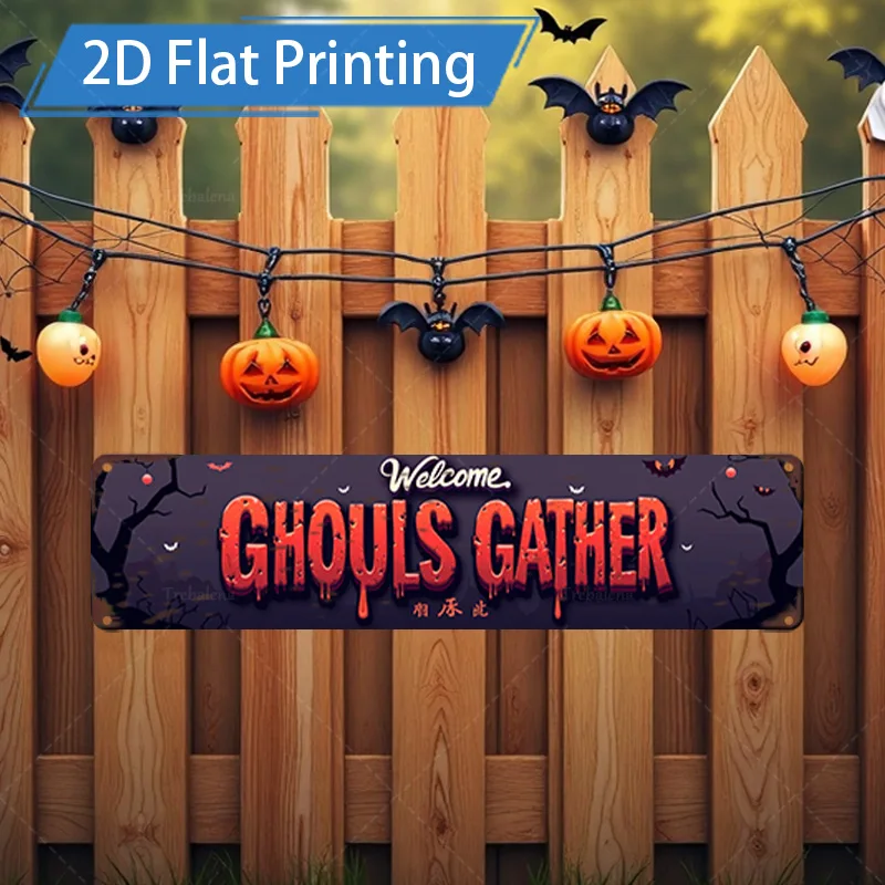 Targa in metallo da 1 pezzo, cartello di Halloween "Ghouls Gather" da 4x16 pollici, stampa piatta 2D, decorazione di zucca e pipistrello spettrale per la festa