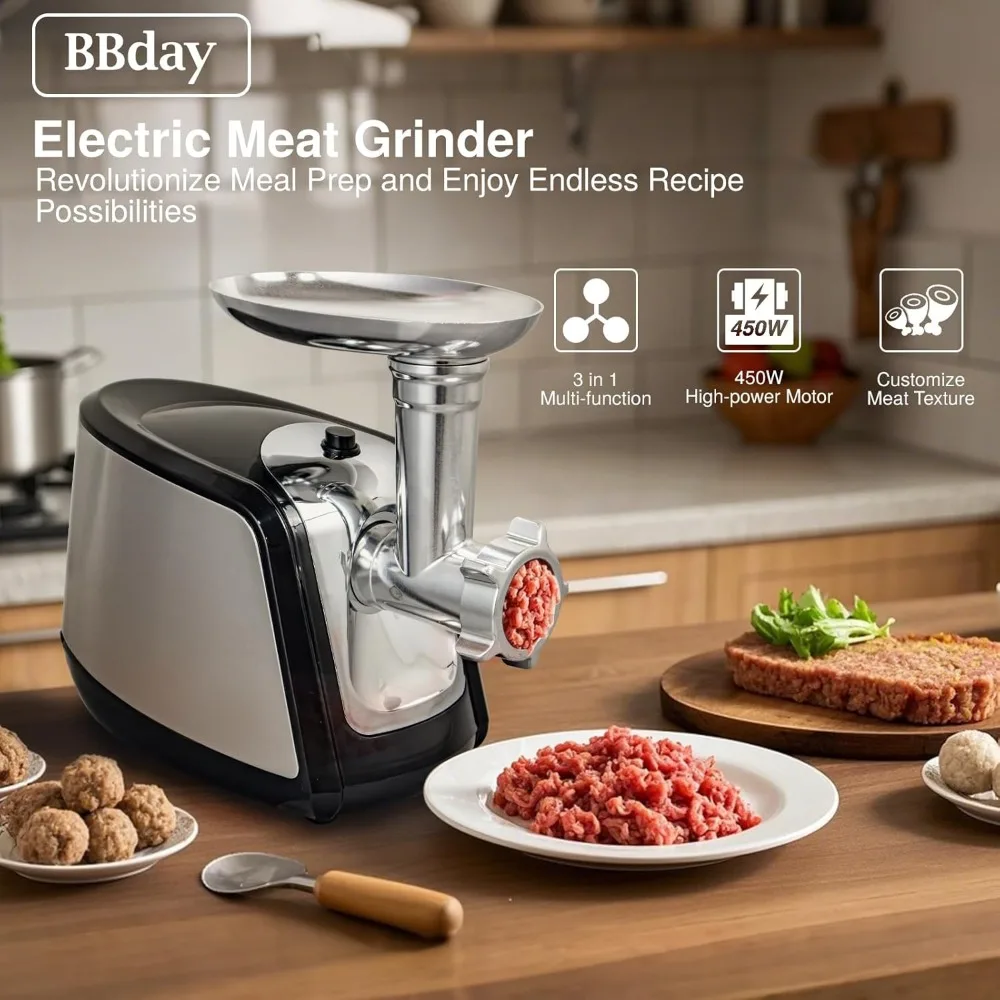 Moedores de carne elétricos para uso doméstico, máquina de enchimento de salsicha máxima de 2000W, moedor de carne de cozinha resistente com 3 placas de moagem