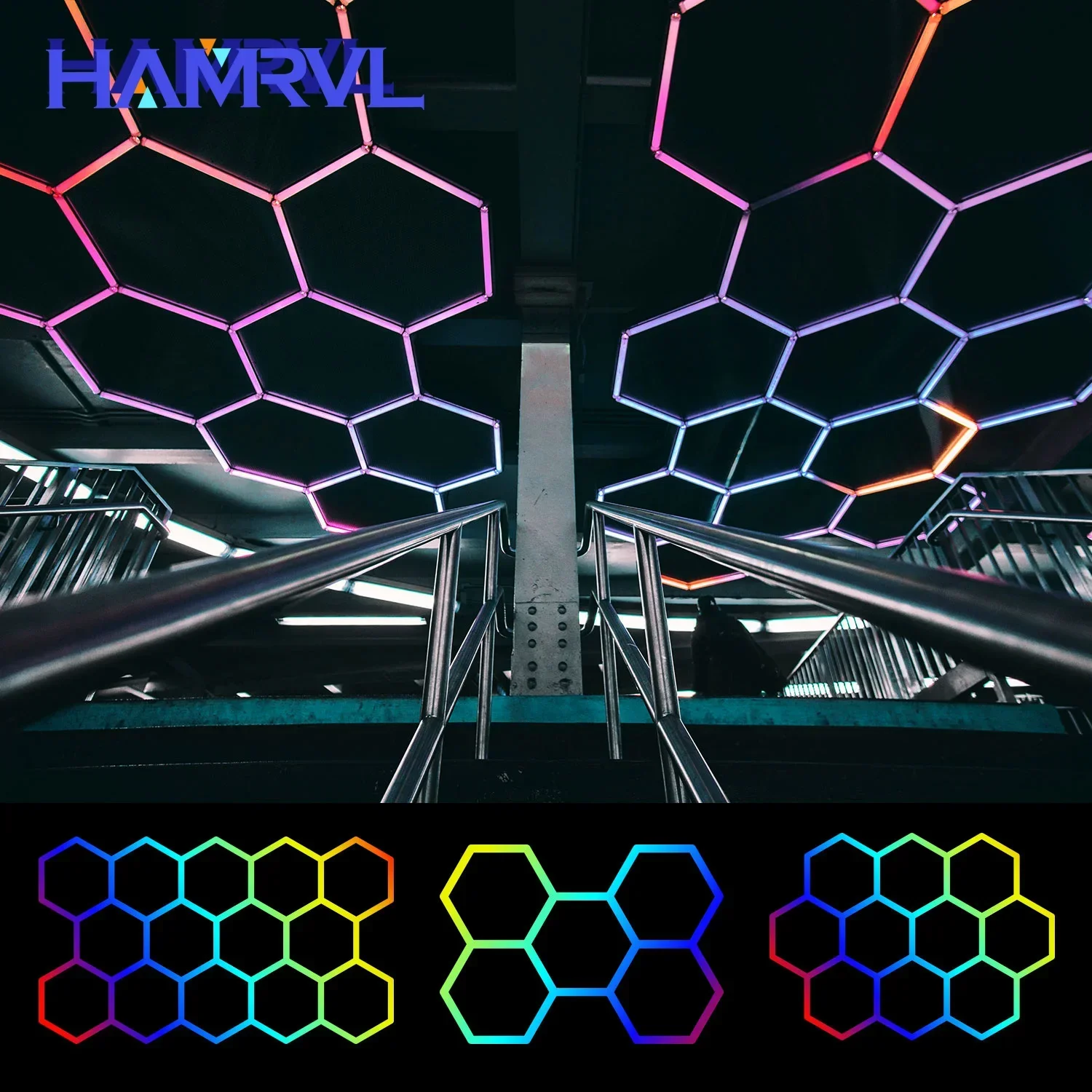 RGB Hexagon LED Garage Ceiling Light Dimmable Honeycomb Tube Lamp with Remote Control for Car Detailing Workshop Gym Supermarket