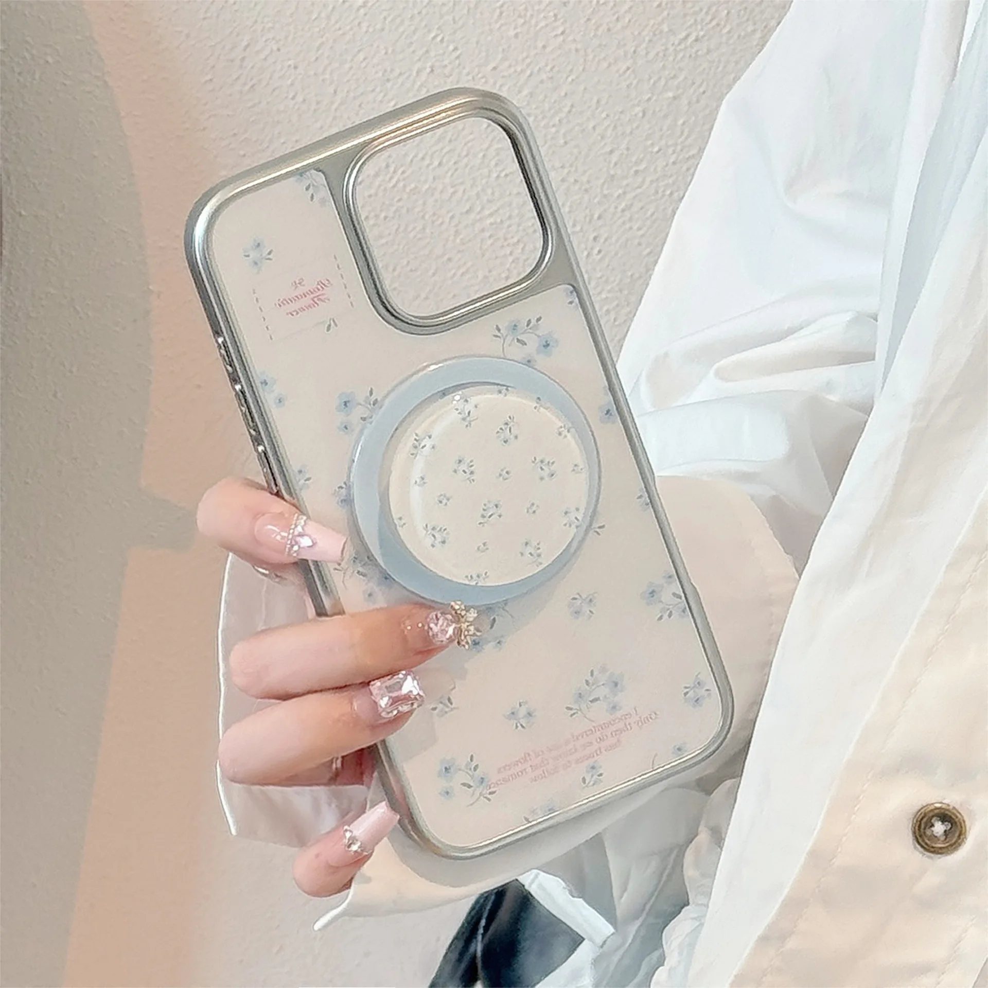 

Small Blue Flower Magnetic Mobile Phone Case With Stand For iPhone16PRO/15promax Anti-fall Phone Case For iphone12/14